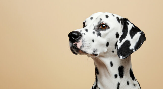 Dalmatian dog in side profile with black spots looking up against beige background studio closeup portrait Generative AI
