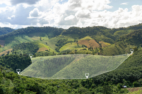 Land survey layout on a green hillside featuring plotted boundaries and location markers. Perfect for real estate listings, property development, rural investment, and conceptual mapping visuals.