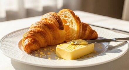 Buttery croissants on plate with butter pastry, breakfast, bakery, French