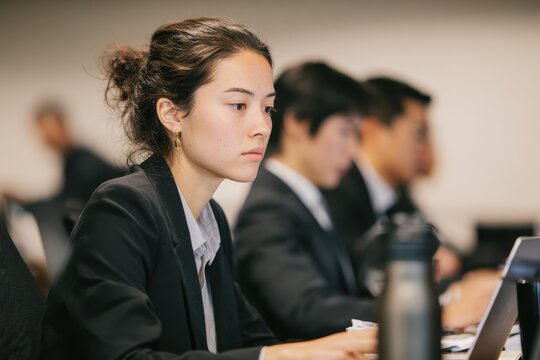 A young woman and other Asians in formal attire are seated at desks with laptops tackling issues like office syndrome ergonomics and vision problems