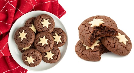 Delicious chocolate star cookies on a white plate with red fabric