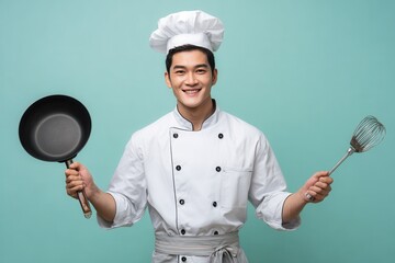 Attractive young Asian male chef in uniform using a spatula and frying pan while cooking in a kitchen setting Indian chef working in a restaurant or hotel