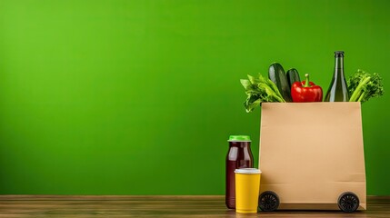 A paper bag on wheels rolls forward, filled with fresh vegetables and drinks, set against a vibrant green background, showcasing the convenience of online grocery shopping and quick delivery