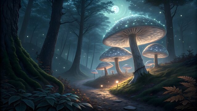 Enchanted glowing mushrooms line a magical forest path under a mystical moonlit sky landscape - Powered by Adobe