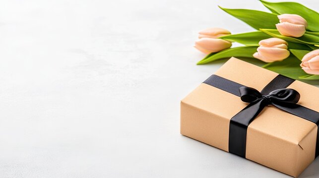 A vibrant arrangement featuring pink tulips alongside a gift box tied with a black ribbon creates a delightful Women's Day greeting. Perfect for sending warm wishes