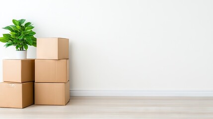 Stacked cardboard boxes occupy an empty room with a clean white background. A small plant adds a touch of greenery, suggesting an upcoming move or temporary storage