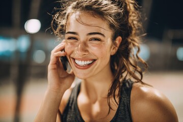 Fototapeta premium Half body image of a happy athletic woman smiling at the camera while on a call