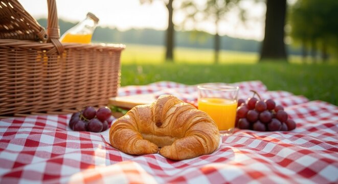 Croissant on red picnic blanket in park pastry, breakfast, bakery, French