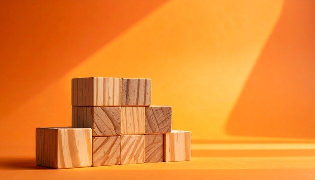 Wooden blocks stacked in pyramid formation against an orange background, with a light and shadow effect. Close-up studio shot