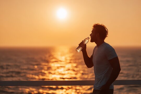 Athletic young man in sportswear warms up by the seaside at sunrise drinking water on a pier