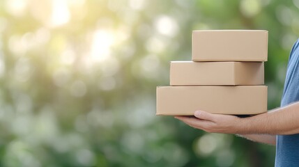 A male delivery person in a blue shirt holds a stack of brown cardboard boxes at a home entrance. Sunlight creates a warm atmosphere, enhancing the welcoming scene for customers