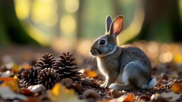 A small gray rabbit sits beside a pile of pine cones in a forest. The ground is covered with autumn leaves, creating a warm, natural atmosphere.