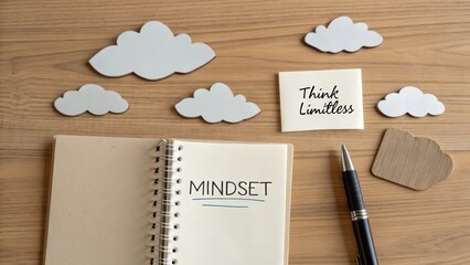 An open notebook displaying the word Mindset with cloud cutouts and a Think Limitless card on a wooden desk