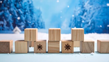 Wooden blocks, two with snowflake carvings, arranged in a wintry scene with a snowy forest backdrop