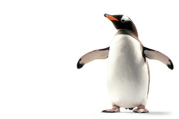 Fototapeta premium Gentoo penguin with outstretched wings standing on white background, isolated for wildlife conservation publications and educational materials.