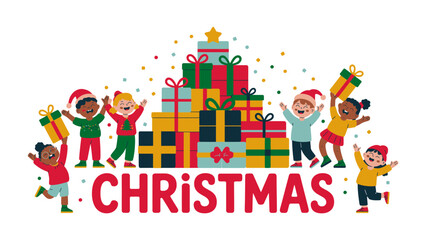 Christmas Cheer: A vibrant illustration showcasing cheerful children surrounded by beautifully wrapped gifts, embodying the spirit of Christmas and the joy of giving.