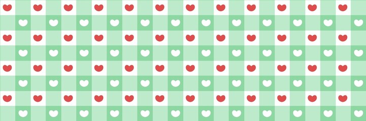 Seamless pattern with red and white hearts on mint green gingham checked background. Mint green woven plaid pattern backdrop. Perfect for romantic, sweet, or Valentine's Day designs.