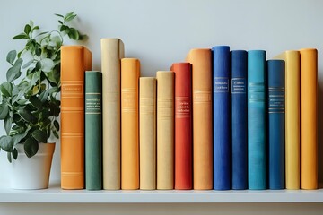 Colorful collection of hardcover books arranged on white shelf with small potted plant, creating cozy home library atmosphere.