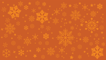 Seamless winter background featuring various sizes of scattered dark yellow snowflakes on a orange background. Simple and cold-toned vector pattern ideal for Christmas, New Year, holiday promotions.