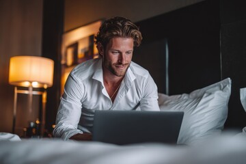 Attractive young executive in a hotel bed emailing a partner Freelance professional at home creating projects for his client on a laptop