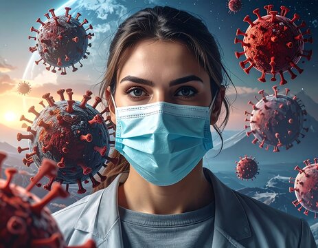 Woman with mask against a backdrop of virus particles and a planet