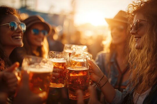 A lively bunch of friends enjoying beer and celebrating on a sunny day Oktoberfest camaraderie joy and summer vibes