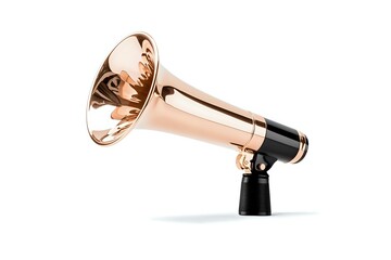 Elegant rose gold megaphone with black accents isolated on white background, symbolizing communication, announcement, and marketing campaigns.