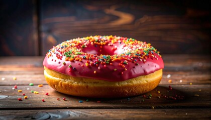 Delicious pink frosted donut with colorful sprinkles on rustic wood is so tempting, perfect for satisfying your sweet tooth cravings now and later