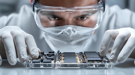 Focused technician in protective gear examining electronic circuit board in laboratory environment for quality control and repair.