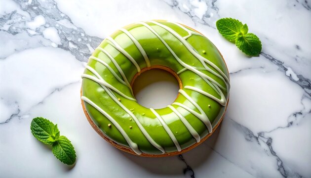 Indulge in a delicious matcha donut with mint garnish on marble, a sweet treat that brings pure joy, perfect for foodie blogs and dessert promotions - Powered by Adobe