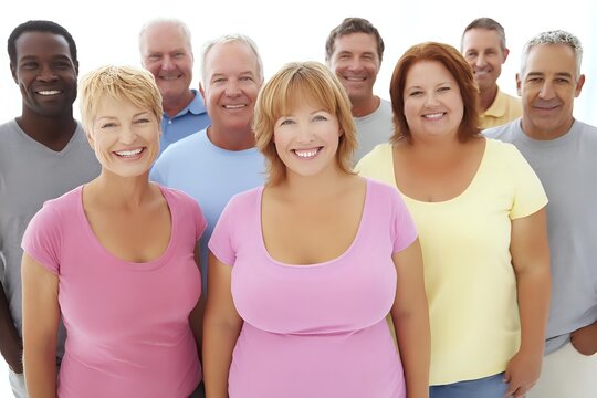 Diverse group of middle-aged adults smiling together, representing community, friendship, and inclusivity in casual colorful t-shirts.