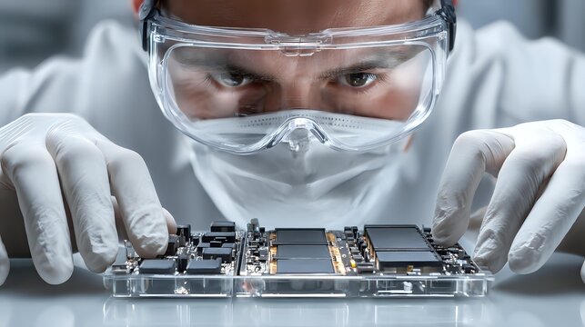 Focused technician in protective gear examining electronic circuit board in laboratory environment for quality control and repair.