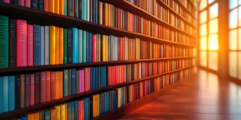 Library bookshelves with colorful book spines illuminated by warm sunlight through window, creating cozy atmosphere on wooden floor.