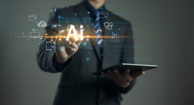 Businessman using digital tablet with glowing AI interface icons representing artificial intelligence, data analytics, automation, and innovation technology for modern business solutions.
