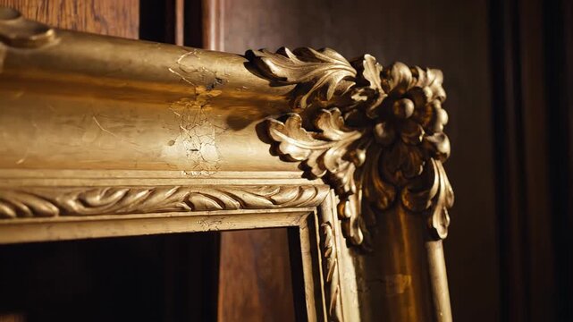 Close-up of an ornate gilded picture frame corner with intricate carved detail.