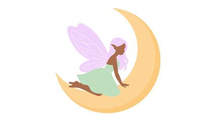 Magical Night Fairy: A whimsical fairy with delicate wings perches gracefully on a crescent moon, bathed in the soft glow of moonlight, bringing a touch of enchantment and fantasy.