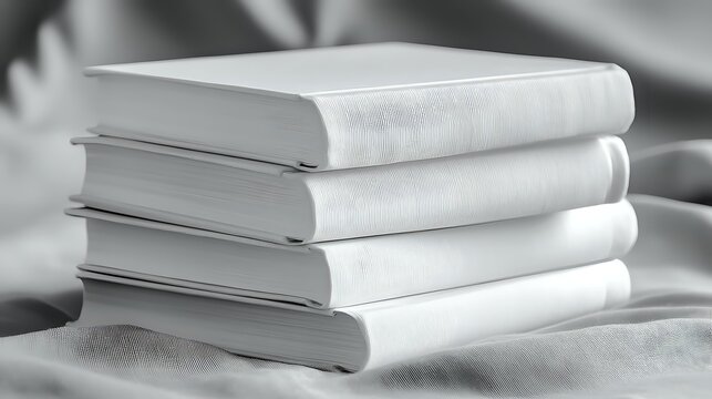 Stack of four hardcover books with blank white covers on soft fabric background in monochrome style, suitable for educational or literary concepts.
