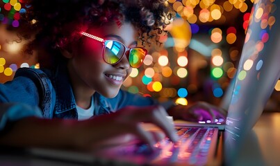 Young person with curly hair wearing illuminated glasses using laptop at night with colorful bokeh lights in background, creating festive digital atmosphere.