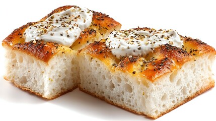 Freshly baked focaccia bread squares topped with creamy sauce and herbs, showcasing soft interior and golden crust.