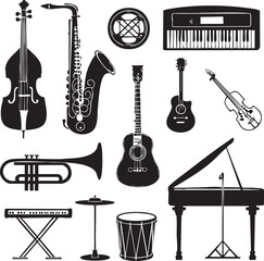Fototapeta premium Vector set of musical instruments including guitar piano drums and other acoustic and electric instruments