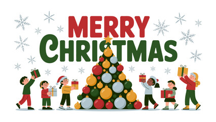 Merry Christmas: Joyful children gather to celebrate the festive season, surrounding a beautifully adorned Christmas tree, symbols of happiness.