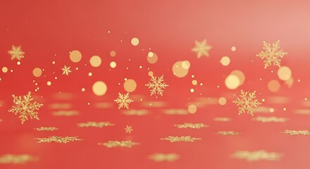 Golden snowflakes and bokeh lights on a festive red background