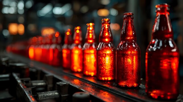 Row of glowing amber and red glass bottles on production line, condensation droplets catching light against dark industrial background.