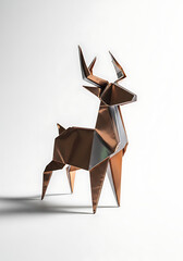 christmas origami deer on white background, christmas folded paper reindeer ornament, holiday minimal geometric decor
