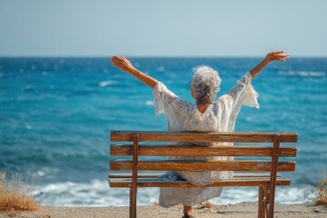 Elderly woman relaxes on a bench appreciating nature and freedom with a blue sea and sky behind her a joyful retirement moment
