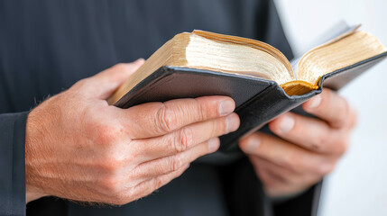 Priest holding Bible with focused hands, conveying sense of reverence and spirituality