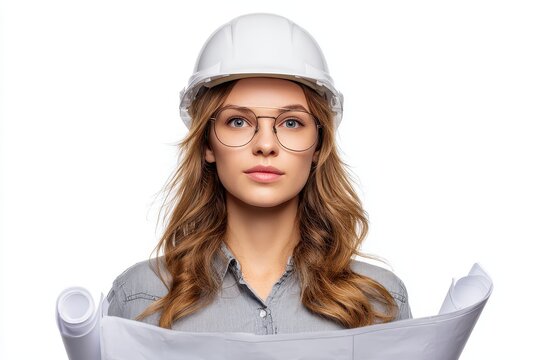 A young attractive woman in glasses and a hard hat holds blueprints against a white background representing engineering and construction - Powered by Adobe
