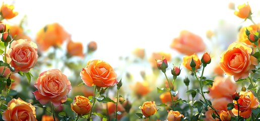 Vibrant orange and peach roses blooming in garden with buds against white background, creating romantic floral border for greeting cards.