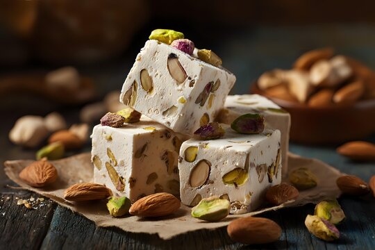 Homemade nougat candy with almonds and pistachios stacked on rustic wooden table, traditional sweet dessert for holidays.