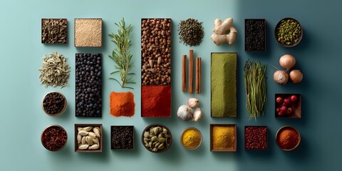 Colorful culinary spices and herbs arranged in geometric pattern on teal background, showcasing diverse cooking ingredients for gourmet cuisine.